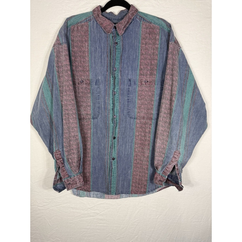 Vintage Firenzie Button Up Shirt Mens XL Striped Colorblock 90s Cotton Retro